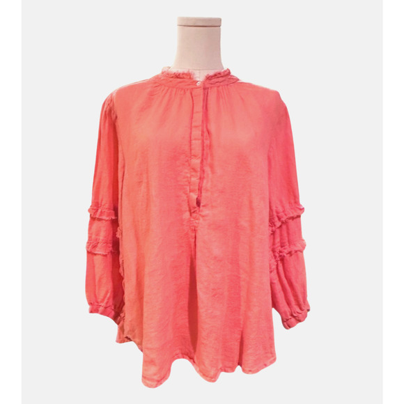 Ivy Jane Coral Orange Linen Boho Shirt Raw Edge Collar Long Sleeve Medium - Picture 1 of 11